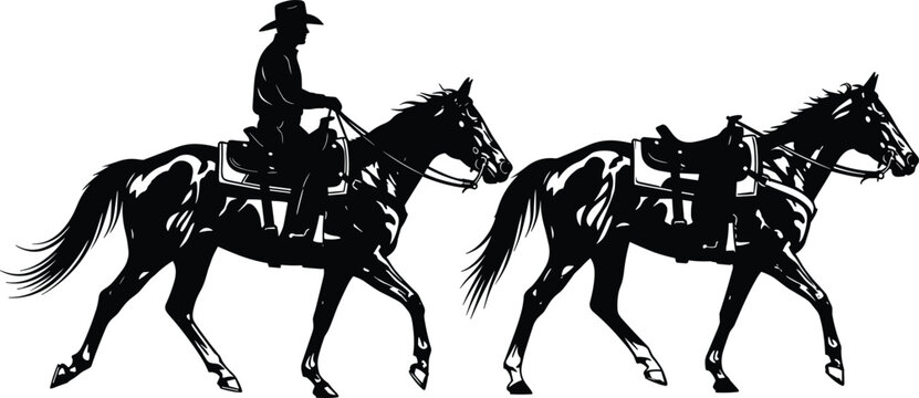 Cowboy riding horse silhouettes set, western ranch rider with saddle and hat, galloping horse collection isolated vector illustration for rodeo, equestrian sport and rural lifestyle concept