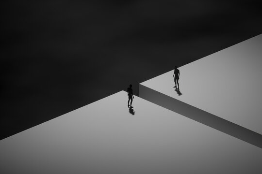 3D liminal platform divide with two silhouette figures