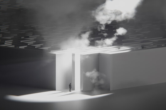 3D maze portal fog with lone silhouette and glowing entry