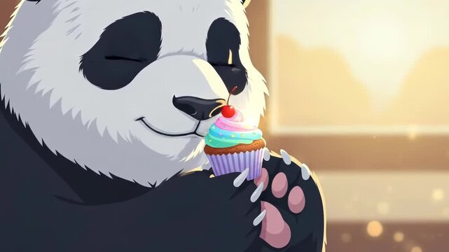 Cute cartoon panda bear holding a colorful sweet cupcake with a cherry on top