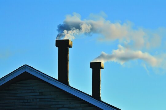 Two chimneys on a rooftop emitting thick smoke into a clear blue sky during daytime.