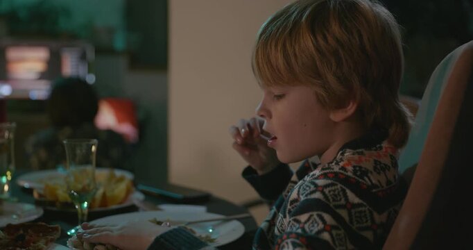 Kid Spend Time with Uncles. Friends Have a Home Party Dinner. 4K 10-bit