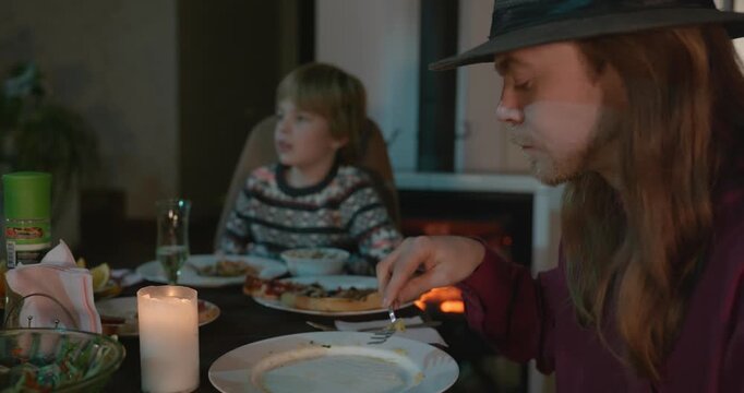 Kid Spend Time with Uncles. Friends Have a Home Party Dinner. 4K 10-bit