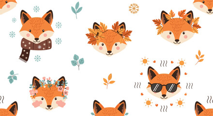 Obraz premium Adorable Seasonal Fox Head Vector Collection with Floral Crowns, Scarves, and Cute Accessories, Featuring Autumn, Winter, and Spring Themes