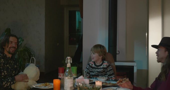 Kid Spend Time with Uncles. Friends Have a Home Party Dinner. 4K 10-bit