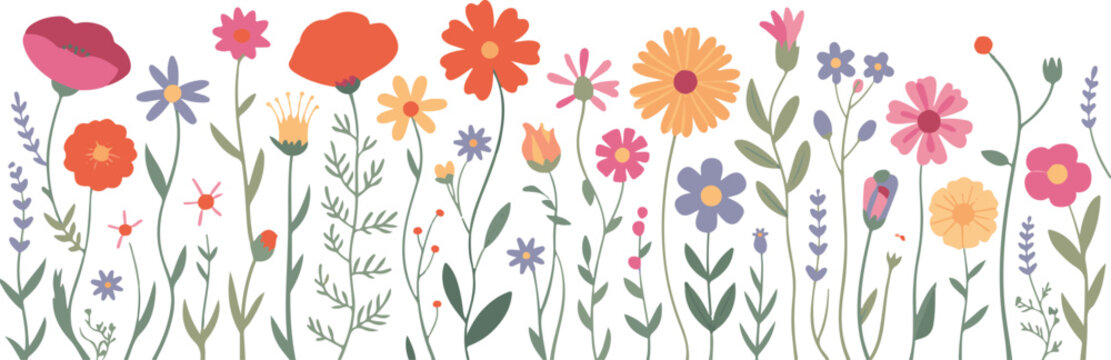 Vibrant field of diverse wildflowers with various colors and shapes, growing upwards against a transparent background.