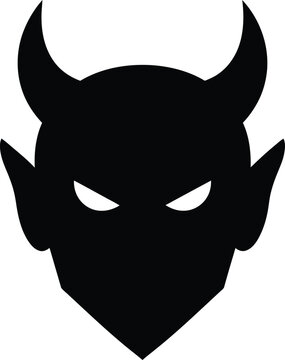 A minimalist black silhouette icon of a devil head featuring sharp horns and glowing white eyes Vector