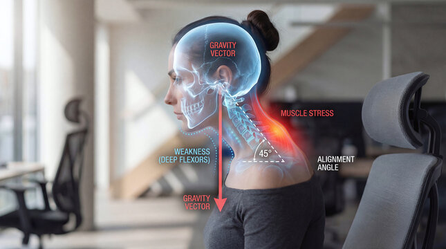 Tech neck pain and forward head posture shown with 3D anatomical spine overlay on office worker.