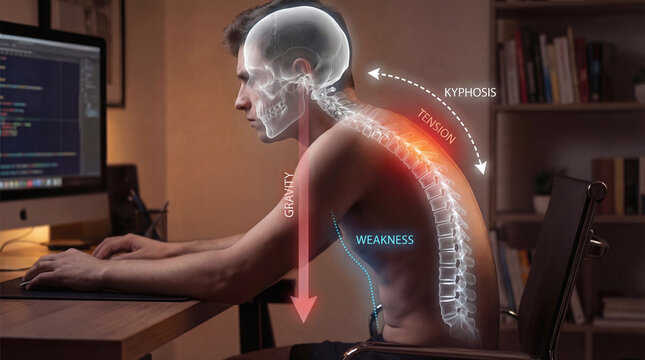 Man with bad posture at computer featuring anatomical skeleton overlay showing spine tension.