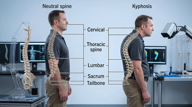 Spinal posture comparison showing neutral spine vs kyphosis with anatomical bone overlay on a man.