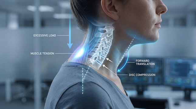 Woman with forward head posture showing cervical spine compression, tech neck, and muscle tension.
