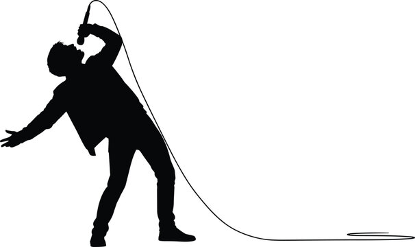Silhouette singer performing with microphone on transparent background.