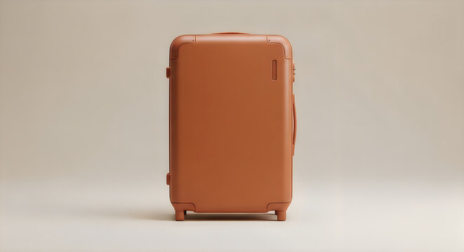 A brown leather suitcase standing upright on a plain surface