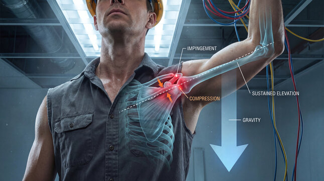 Biomechanical infographic showing shoulder impingement and joint compression in a manual worker.