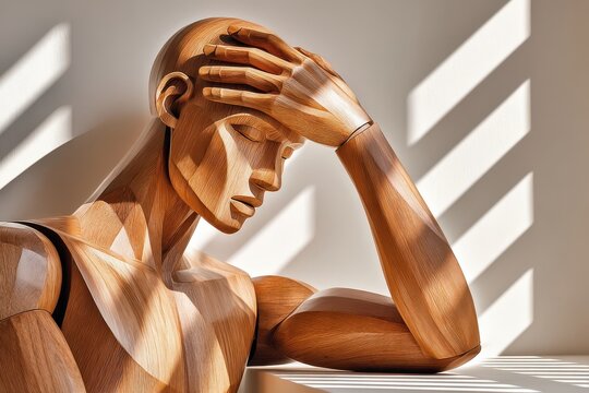 Wooden mannequin holding its head in hand expressing stress and contemplation in sunlit studio