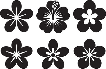 Fototapeta premium Six stylized black flower icons including hibiscus and cherry blossoms on transparent background.
