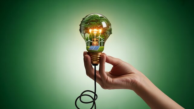 A hand holding a lightbulb with a green landscape and wind turbines inside, symbolizing eco-friendly energy and sustainability.