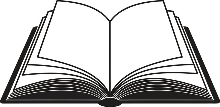 A simple black and white line art illustration of an open book isolated on a plain white background Vector
