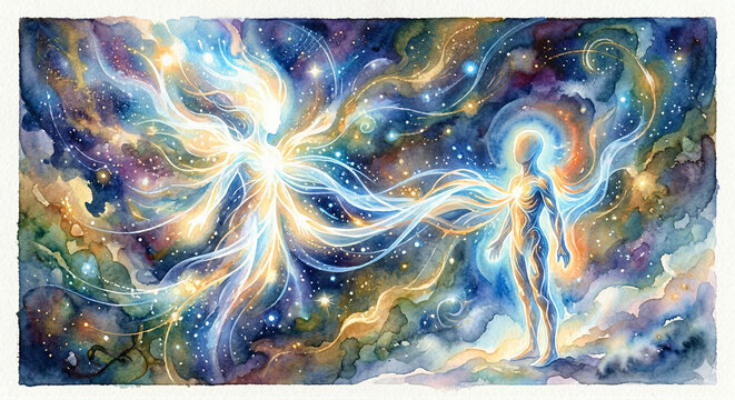 Spiritual Connection Between Physical And Higher Self Flowing Energy Figures Watercolor Illustration JPG