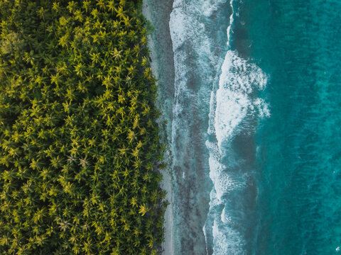 Aerial view of turquoise waves crashing against a pristine shore, bordered by a dense forest of lush green trees, Kelaa island, Maldives.