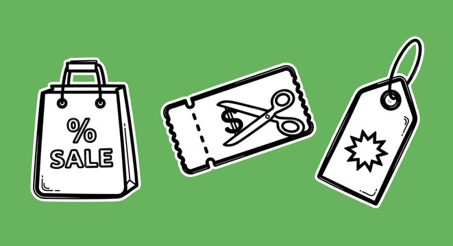 A stylized illustration of a shopping bag with a sale sign, conveying a sense of discount and shopping excitement.