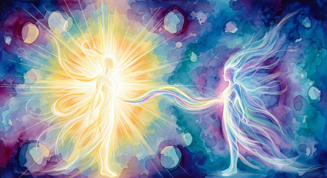 Spiritual Connection Between Physical And Higher Self Flowing Energy Figures Watercolor Illustration JPG