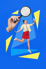 Banner vertical photo trend image collage of excited girl magnifier glass investigating employment...