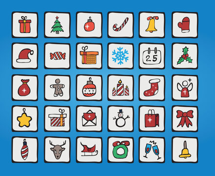 Hand-drawn Christmas icon set. Cute doodle holiday symbols including tree, gifts, snowflake, and reindeer on blue background. Festive vector art.