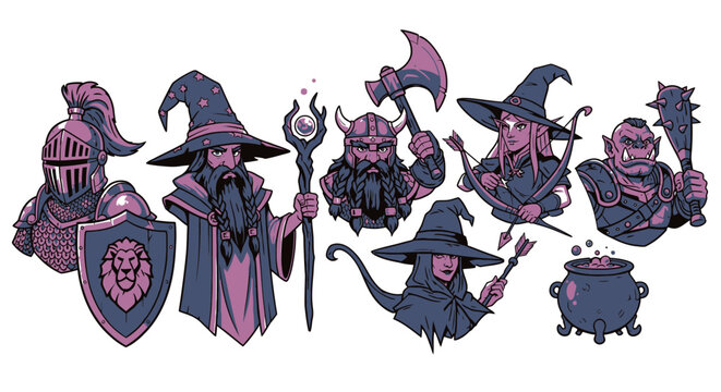 Fantasy characters set knight wizard dwarf archer orc with weapons