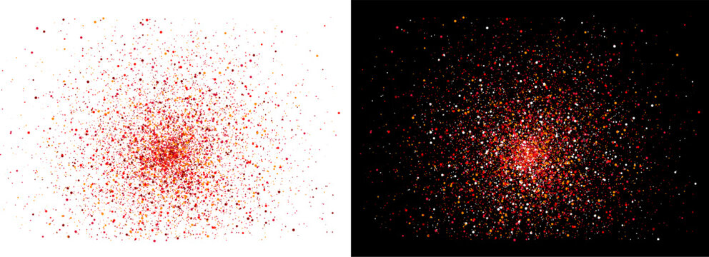 Red particle explosion burst with scattered glowing dots abstract background on dark and light backdrop