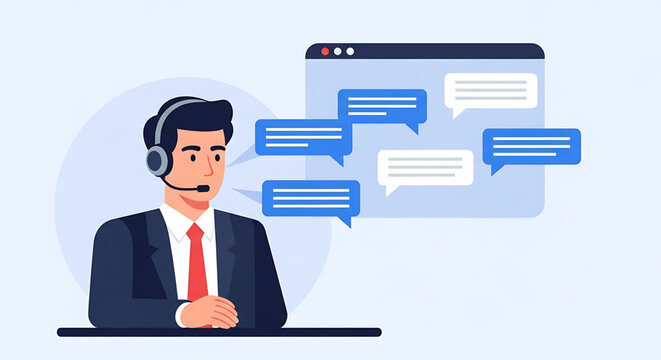 Professional male customer service representative with headset providing online support and live chat assistance. Virtual help desk and communication concept illustration