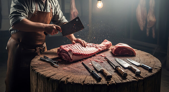 A butcher in an apron expertly cuts a large piece of raw meat with a cleaver on a rustic wooden block, surrounded by various knives in a dimly lit shop.
