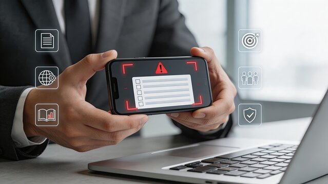 Businessman using smartphone with security alert digital data protection cyber threat warning privacy shield mobile device safety corporate risk management information technology