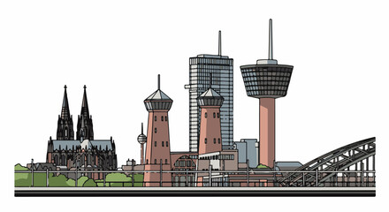 Obraz premium Stylized cityscape with tall towers, modern skyscrapers, and gothic cathedral