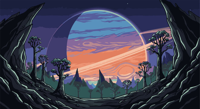 Pixelated alien landscape with ringed planet and strange trees