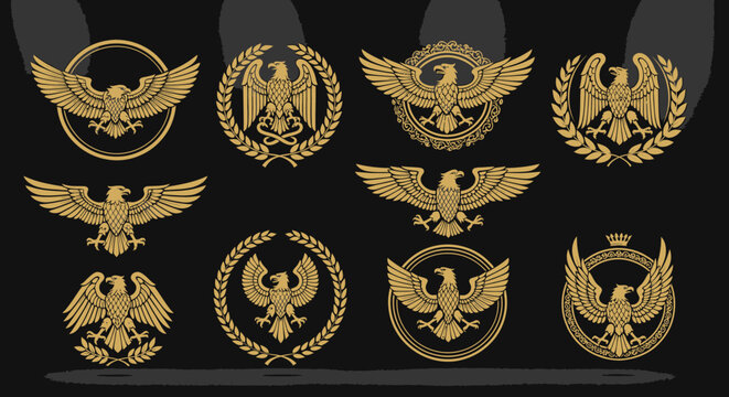Golden eagle emblems set on dark background for design projects