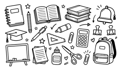 Hand drawn doodles school essentials set, fun sketchy ink pen education elements, expressive vector collection, isolated on white background © Creative Lab