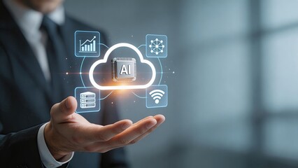 Fototapeta premium Businessman hand holding futuristic cloud computing interface with artificial intelligence chip data analytics server storage and wireless network connection icons digital