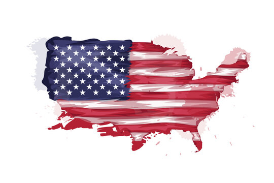 USA map with American flag pattern. Artistic watercolor brush stroke style vector illustration of United States silhouette isolated on white.