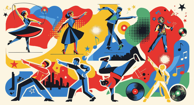 Dynamic graphic art of diverse dancers in motion with vibrant, abstract backgrounds