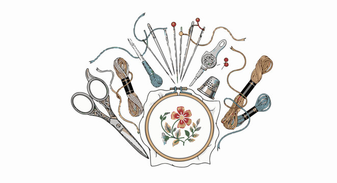 Embroidery tools, thread, scissors, thimble, and needlework display flower