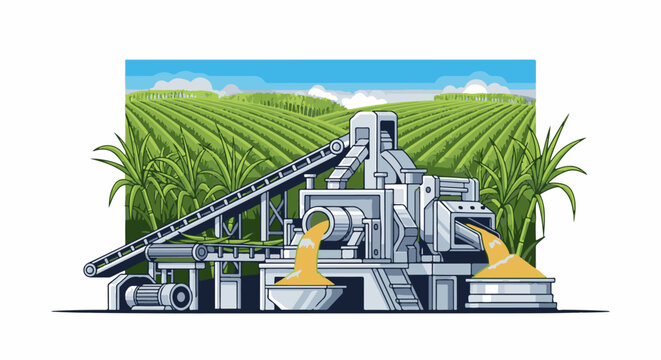 Industrial processing of sugarcane in a vast green field under a blue sky