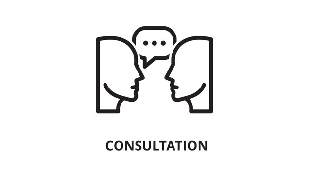 Minimalist black and white line art depicting a consultation or business meeting between two professionals. Ideal for business, healthcare, coaching, and wellness marketing materials.