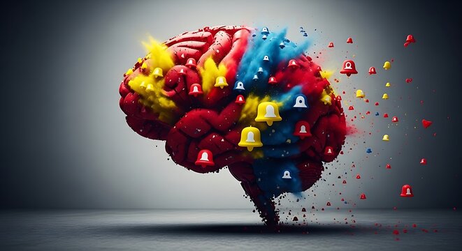 Exploding brain with social media icons, information overload, digital concept.