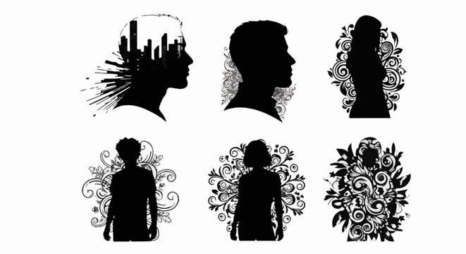 Silhouettes of people with abstract designs, city and floral elements