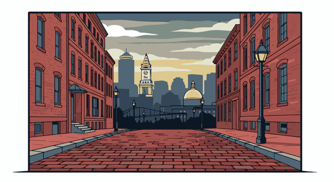 Pixel art city street with brick buildings, cobblestone road, and skyline