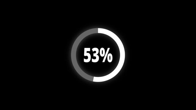 Abstract pie chart with 53 percent progress bar animation. Pie chart business and finance visual data representation for sales and statistics on black background. 4k video	