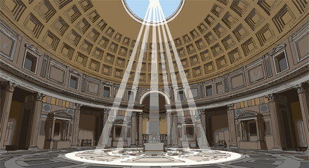 Obraz premium Sunlight streams through the oculus of a grand, domed classical building interior