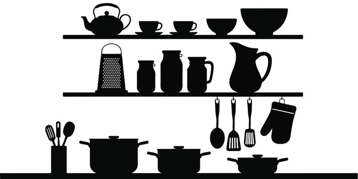 Kitchenware silhouette collection featuring shelves with pots pans teapot cups jars and utensils for cooking and home interior design isolated on white background vector illustration.