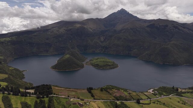 Aerial View of Cuicocha Crater Lake and Islands in Andes Mountains Ecuador